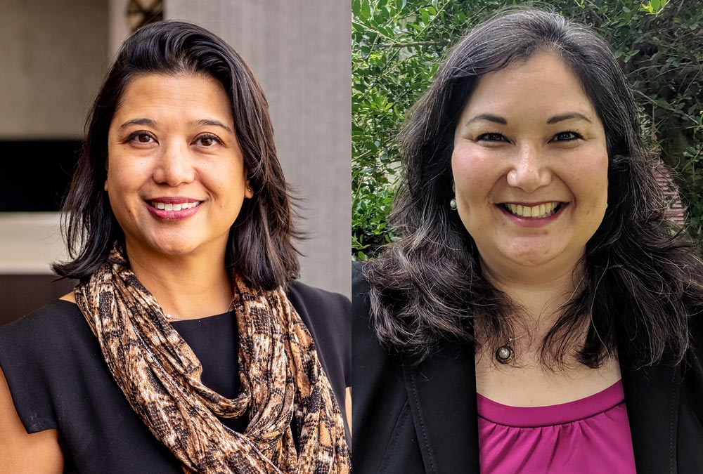 Two women's headshots side by side, one in white lab coat and one in black top