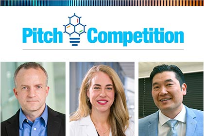 UTSW Pitch Competition logo with headshots of 3 winners: (left) white male with thinning hair, dark jacket with blue shirt, (center) woman with long blond hair and white coat, (right) Asian man with dark hair, light blue tie and suit jacket