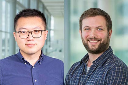 Xiaochun Li, Ph.D., (left with dark hair and glasses) and Philip Schmiege, UTSW graduate student (right with light brown hair and beard.