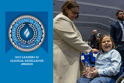 Dr. Rogers and her son with award, and 2023 Leaders in Clinical Excellence Awards logo