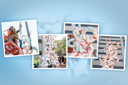 A collage of 4 images of a sculpture being assembled of white live rings.