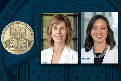 dark blue background with outline of award medal, left to right: gold medal for Regent's Outstanding Teaching award, headshot of Dr. Gimpel white woman with short dk blonde hair, Dr. Sulistio woman with black hair and chunky silver necklace