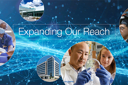 expanding our reach text on blue with 5 circle spaces showing images: exterior entrance UT Southwestern, female in cap and gown, medical staff caring for patient, and scientist looking at slide sample