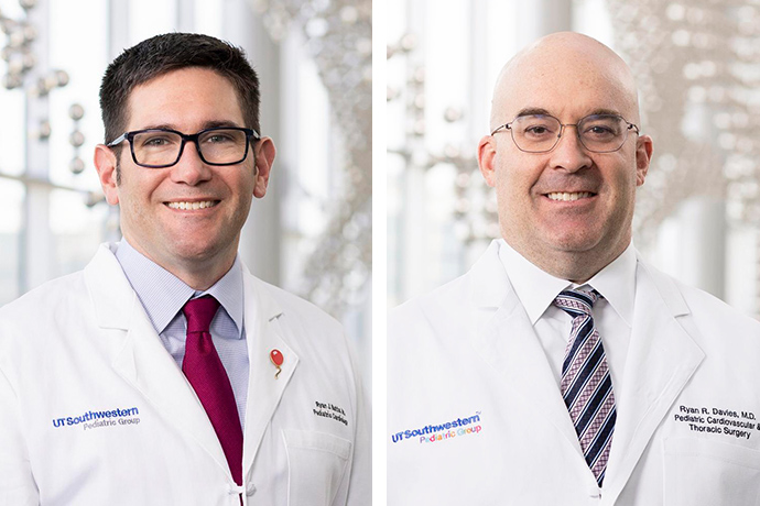 Dr, Butts, left, and Dr. Davies, right. Both wearing white UT Southwestern Medical Center lab coats.