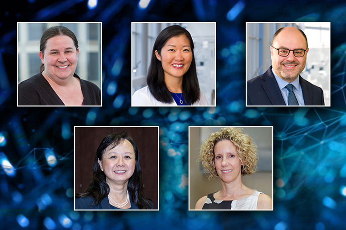 5 headshots of professors, from left: Julie Pfeiffer, Ph.D.; Antonia F. Chen, M.D., M.B.A.; Tarek Rajji, M.D.; Sherry C. Huang, M.D.; Alyssa H. Hasty, Ph.D.