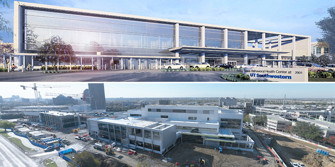 top: exterior rendering of UTSW Behavioral Health facility, bottom: facility under construction