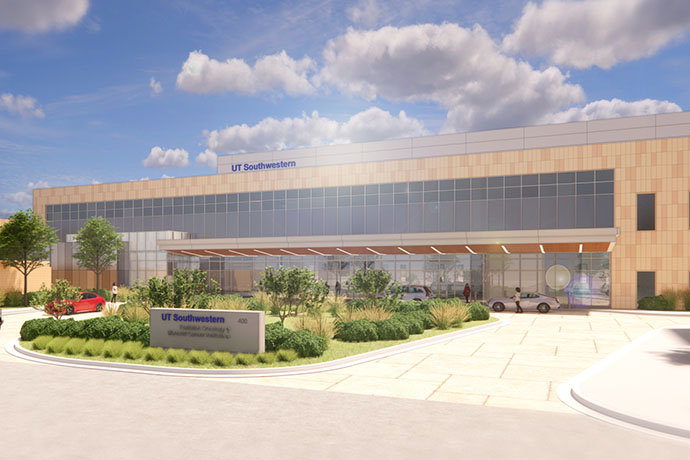 photo rendering proposed exterior of UT Southwestern's future radiation oncology building in Fort Worth, Texas