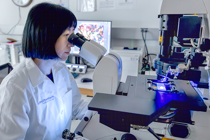 Dr. Chen seated in lab looking into microscope with computer display behind her