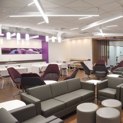 empty room with tables and chairs