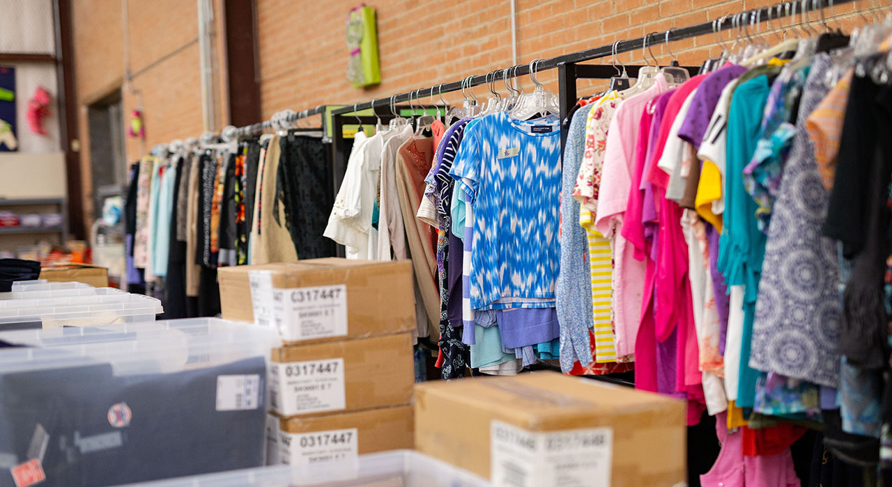 A rack of donated clothing