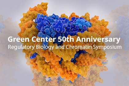 Chromatin graphic with text superimposed that reads Green Center 50th Anniversary Regulatory Biology & Chromatin Symposium