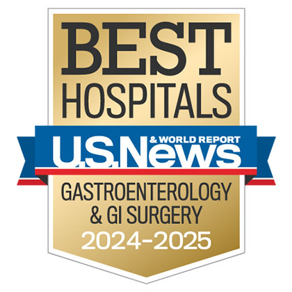 Gold badge with blue ribbon and text that states Best Hospitals U.S. News & World Report Gastroenterology & GI Surgery 2024-2025