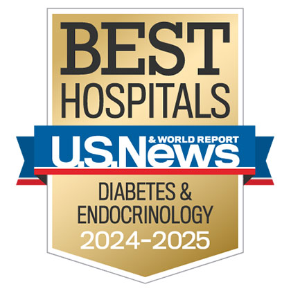 Gold badge with blue ribbon and text that states Best Hospitals U.S. News & World Report Diabetes & Endocrinology 2024-2025