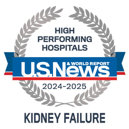 Ribbon wreath with text stating High Performing Hospitals U.S. News & World Report 2024-2025 Kidney Failure
