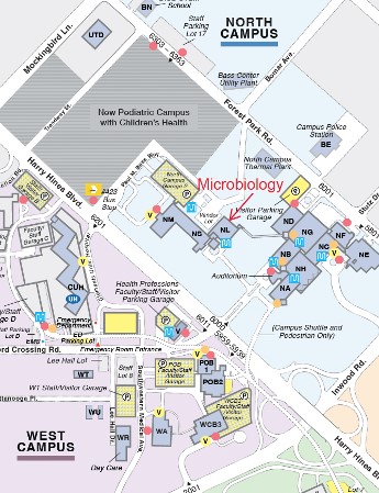 Map pointing out the location of the Department of Microbiology in the Wildenthal Building