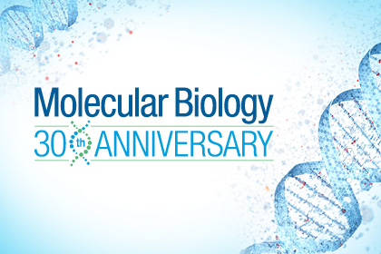 Molecular Biology 30th Anniversery text alongside DNA strands