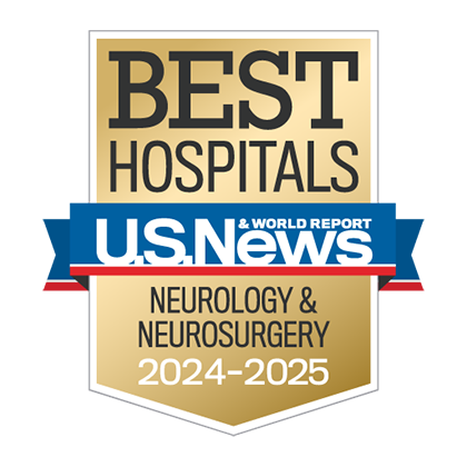 Gold badge with blue ribbon and text that states Best Hospitals U.S. News & World Report Neurology & Neurosurgery 2024-2025