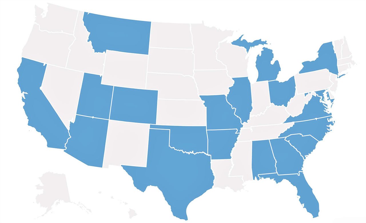 Residency Alumni Map 2023 map of the United States with states highlighted where our alumni now work