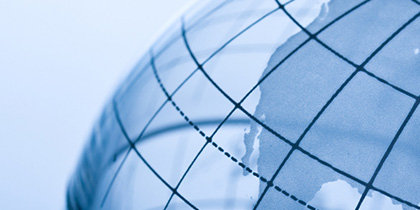 Partial view of a world globe, in blues and grays, focused on the western US, Mexico and Pacific ocean.