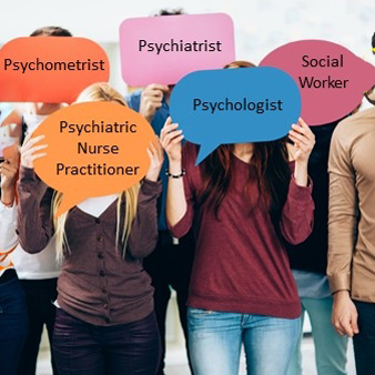 Group of 5 People holding posters in front of their faces; text on posters: psychometrist, psychiatrist, psychiatric nurse practitioner, psychologist, social worker