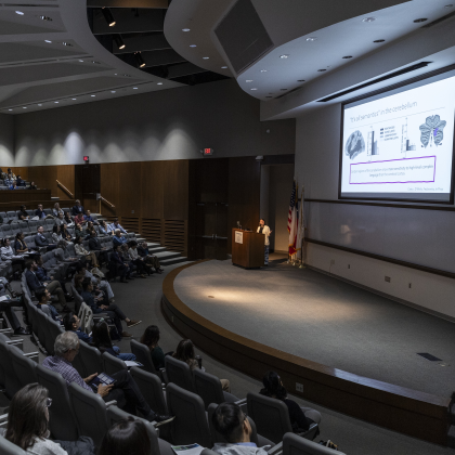 semicircular lecture hall with person at podium on stage at right under presentation screen