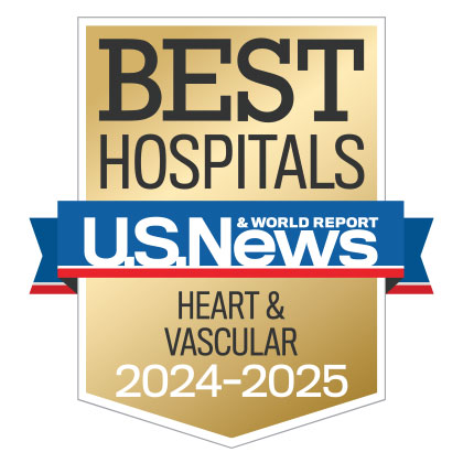 Gold badge with blue ribbon and text that states Best Hospitals U.S. News & World Report Heart & Vascular 2024-2025