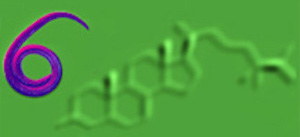 A coiled nematode, colored purple, on a green background in front of a blurred image of a steroid molecule.