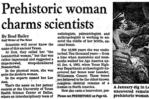 Newspaper clipping with headline Prehistoric woman charms scientists