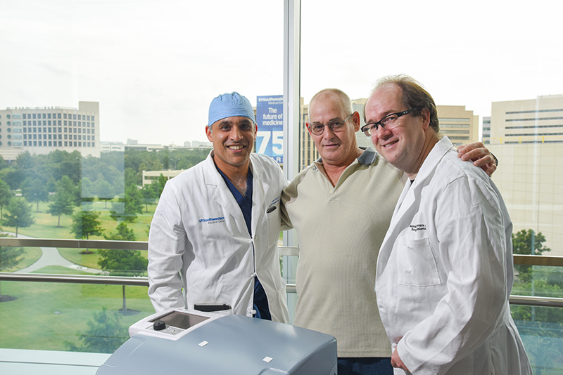 Chief of surgical transplantation Parsia Vagefi, M.D.; patient Gregory Nielsen; and principal investigator Malcolm MacConmara, M.D.
