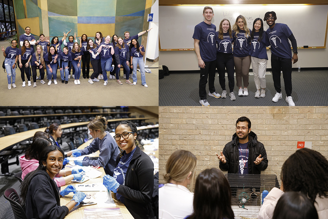 Collage of four photos of HPREP students posing for the camera and attending workshops