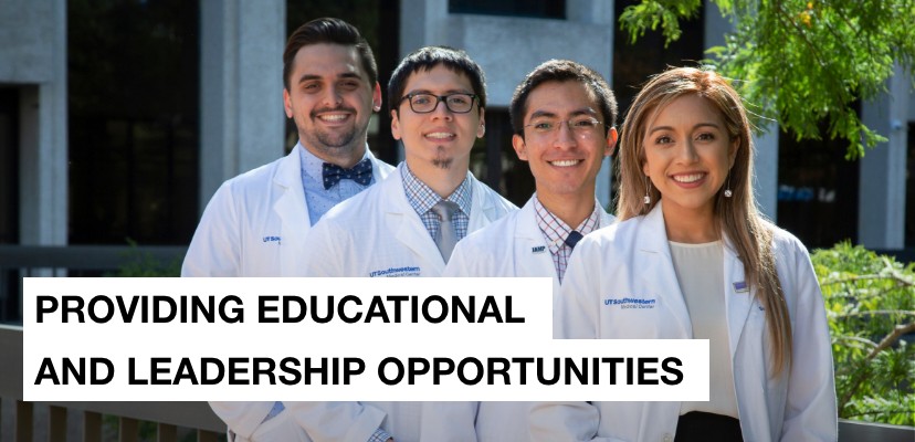 Three diverse men and one woman in white coats with the message providing educational and leadership opportunities