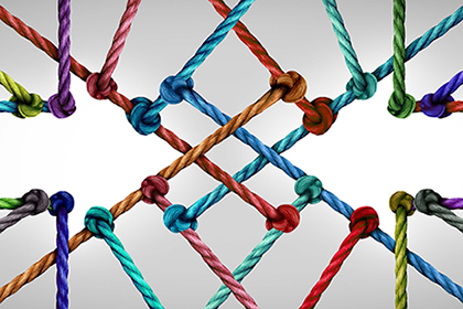 An illustration showing colorful strings knotted together to make a mesh