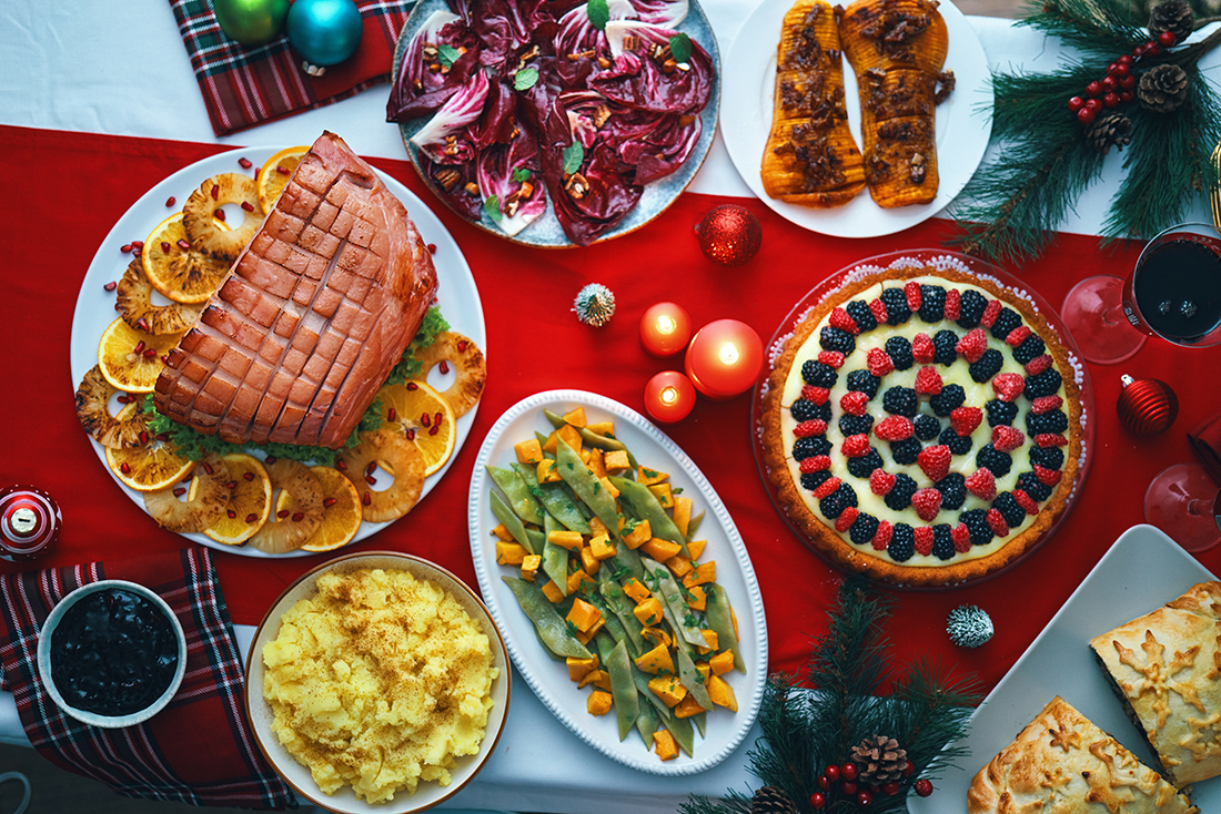 Christmas Dinner with Baked Glazed Ham with Mashed Potatoes, Green Beans, Radicchio Salad and Berry Pie