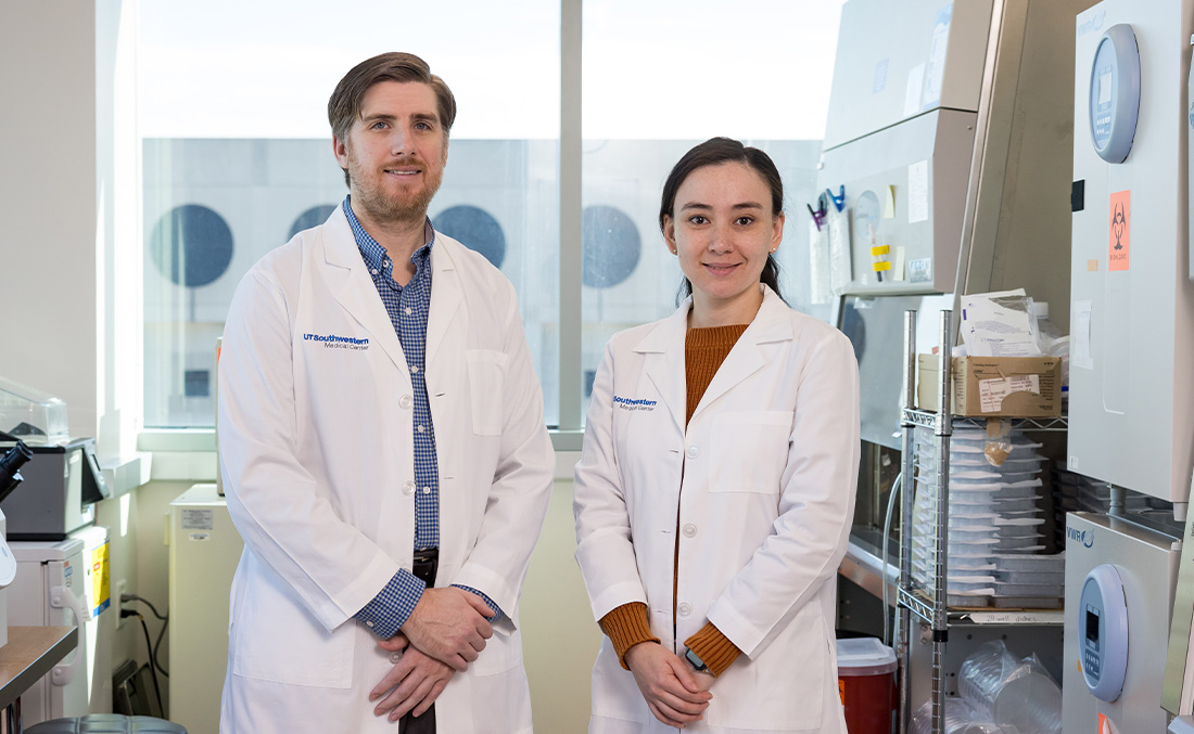 Don Gammon, Ph.D., Assistant Professor of Microbiology at UT Southwestern, and graduate student researcher Emily Rex 