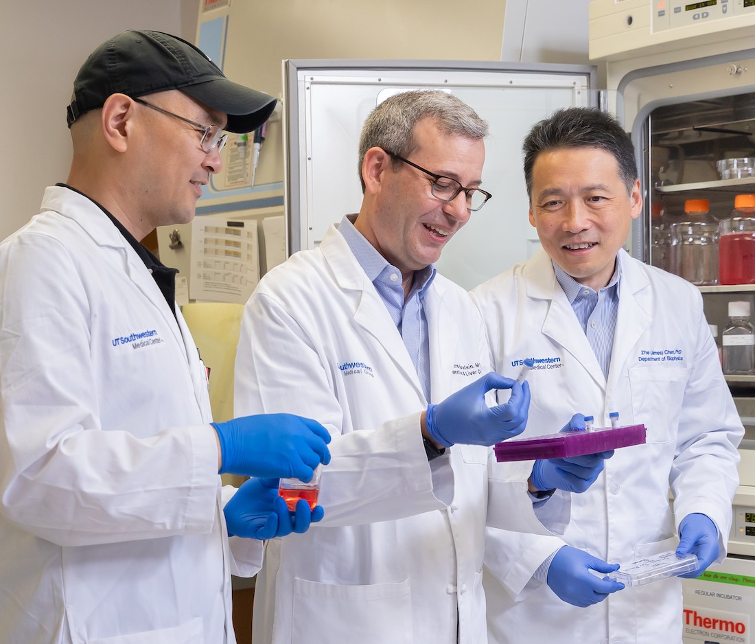 (l-r) Baoyu “Stone” Chen, Ph.D., Ezra Burstein, M.D., Ph.D., and Zhe “James” Chen, Ph.D.