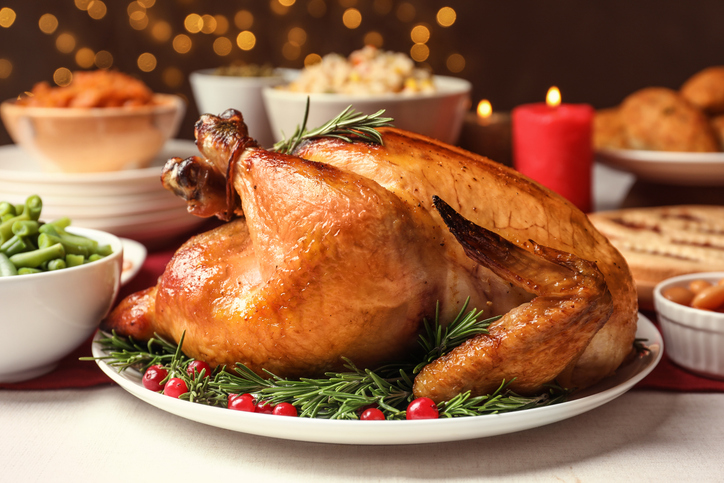 Roasted turkey with festive garnishes on white plate