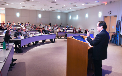 Dr. Joseph Takahashi addresses attendees of the inaugural Circadian and Sleep Medicine Symposium, hosted by the Peter O’Donnell Jr. Brain Institute.