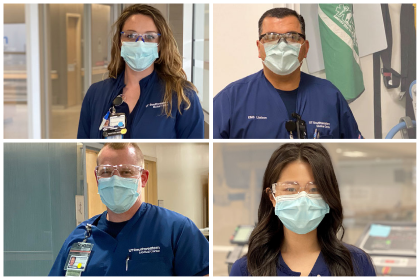 Two men and two women wearing blue scrubs and face masks